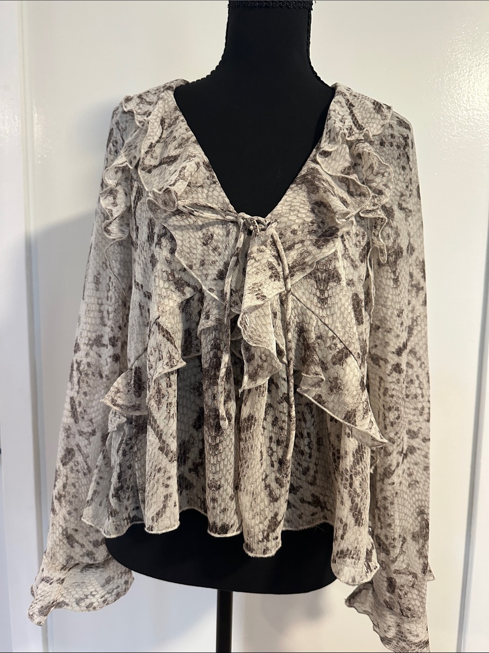 Light Taupe Snake-Print Ruffle Blouse